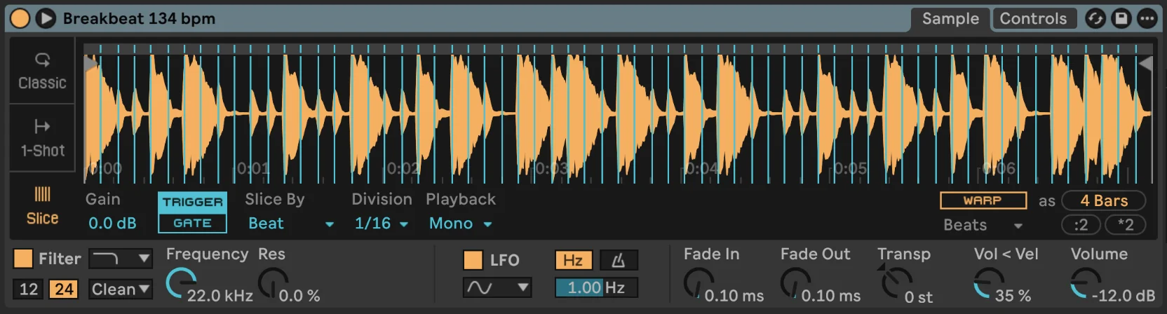 Ableton Simpler in Slice mode holding a 134 bpm breakbeat, sliced by beat at a 1/16 division, with slice markers laid across the waveform