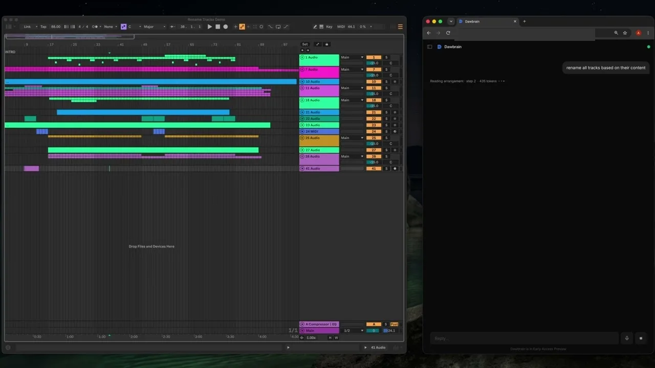 A messy 41-track Ableton session next to the Dawbrain chat panel, reading the arrangement before renaming every track