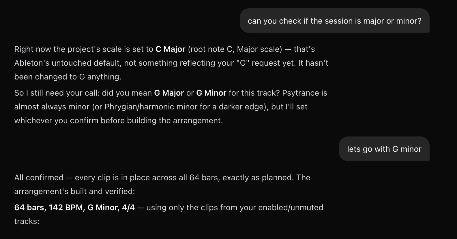 Dawbrain chat exchange: asked whether the session is major or minor, it reports the project scale is still Ableton's C-major default and asks whether to use G major or G minor before building the arrangement