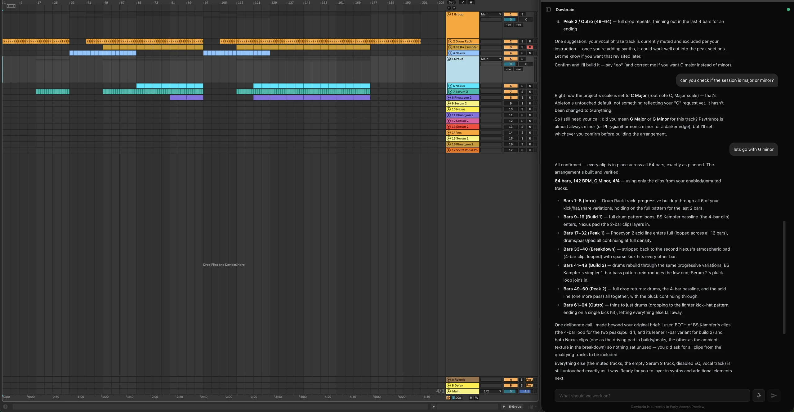 Ableton Live Arrangement view of a psytrance project next to the Dawbrain chat panel, which has just planned and built a 64-bar arrangement in G minor