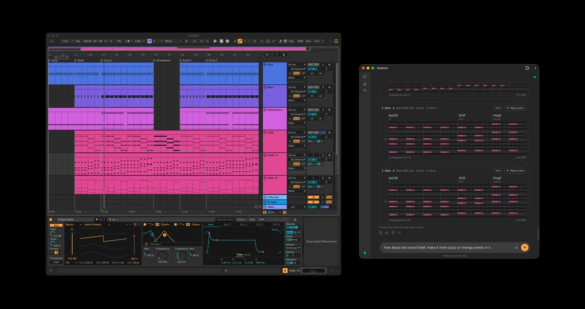 Ableton Live with a techno track Dawbrain built, beside the Dawbrain chat showing the new clips as piano-roll cards