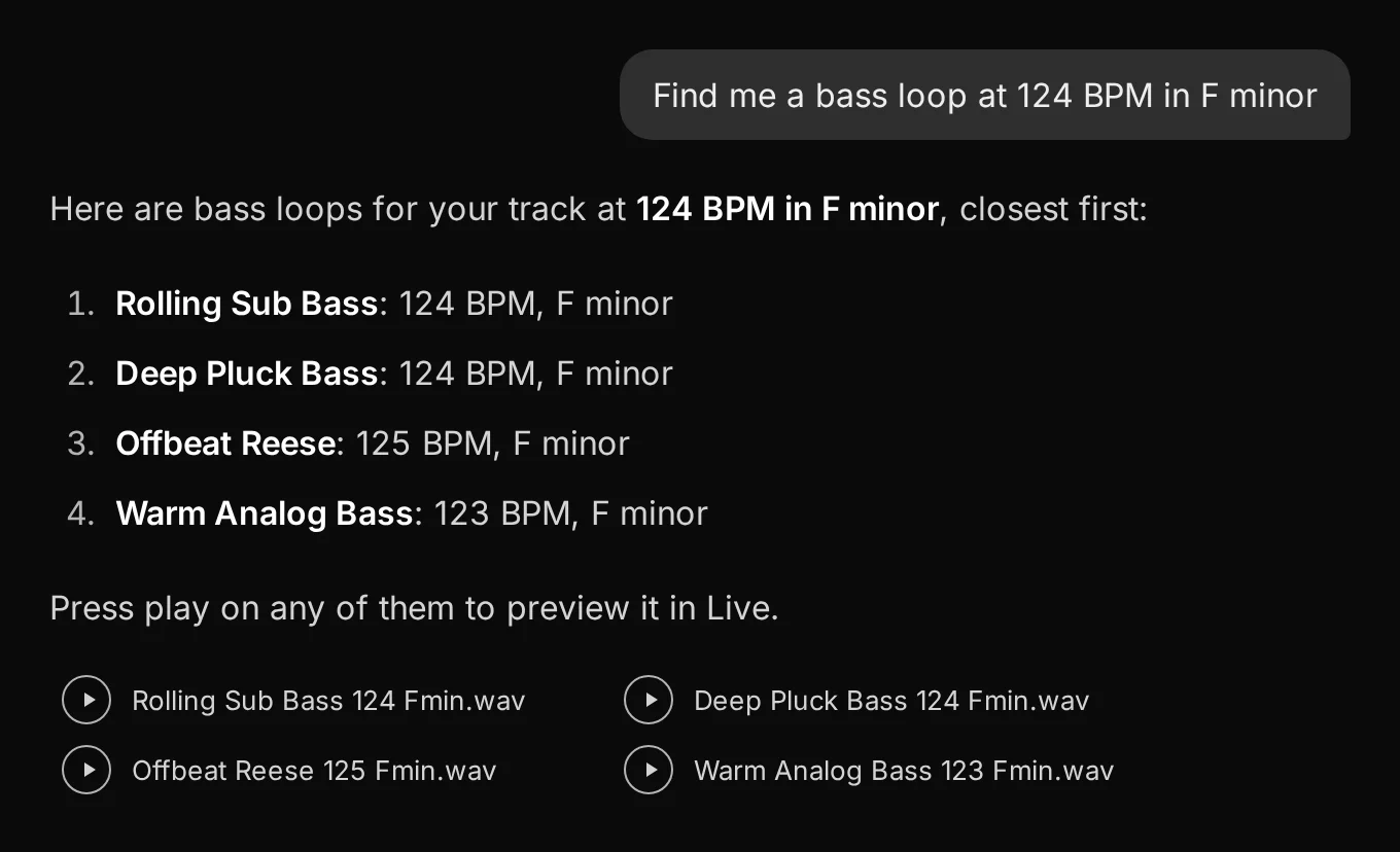 A reply listing four bass loops at 123 to 125 BPM in F minor, with play buttons to preview each in Live
