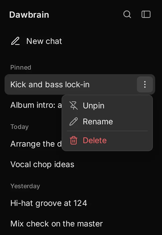 The sidebar with a Pinned section and a chat's menu open, showing Unpin, Rename and Delete