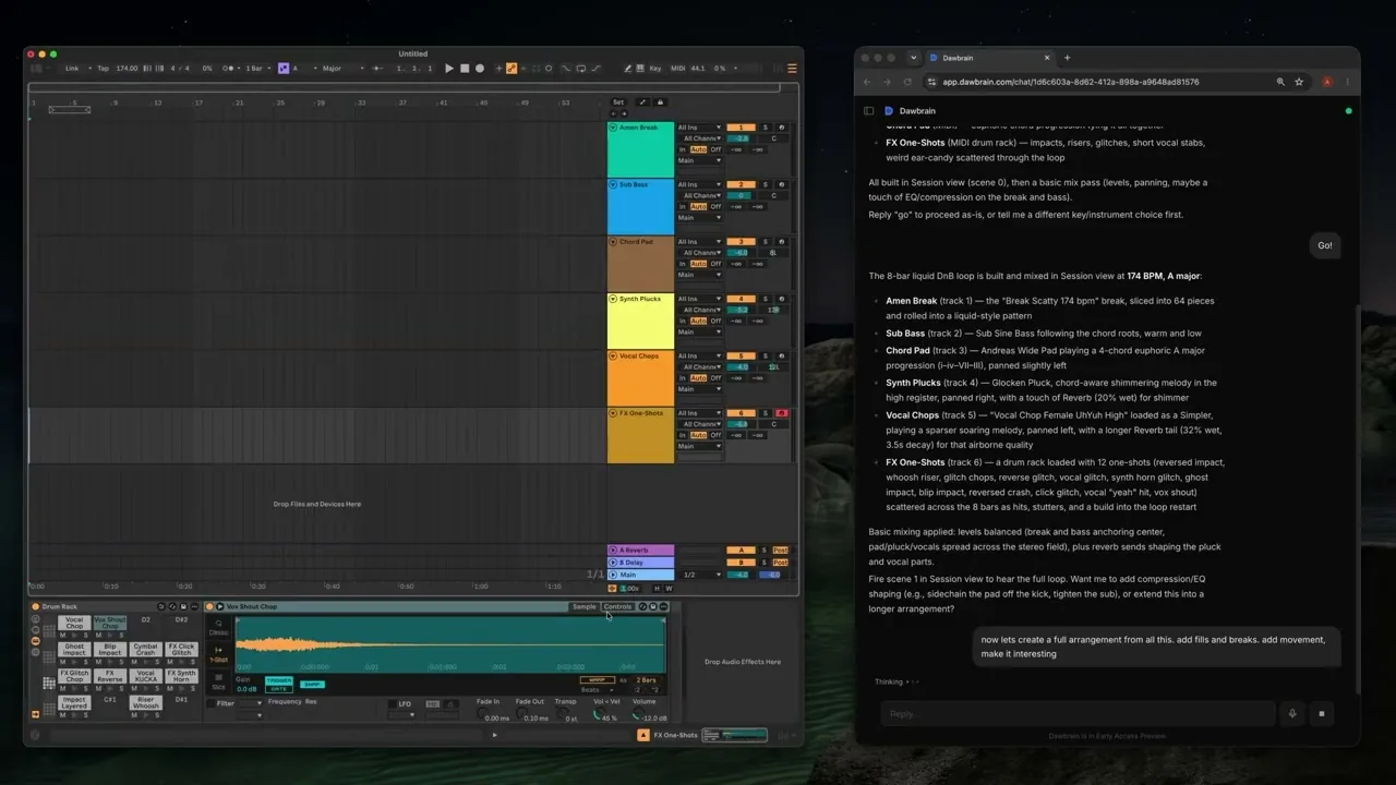 The Dawbrain chat in a browser window beside an Ableton Live 12 Session view with six tracks