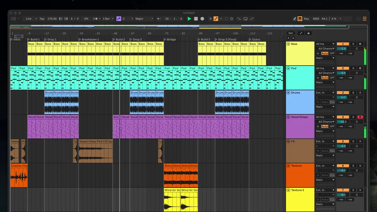 An Ableton Arrangement view of a finished drum and bass track, with Bass, Pad, Drums, Vocal Chops, FX and two Texture tracks laid out across ten named sections