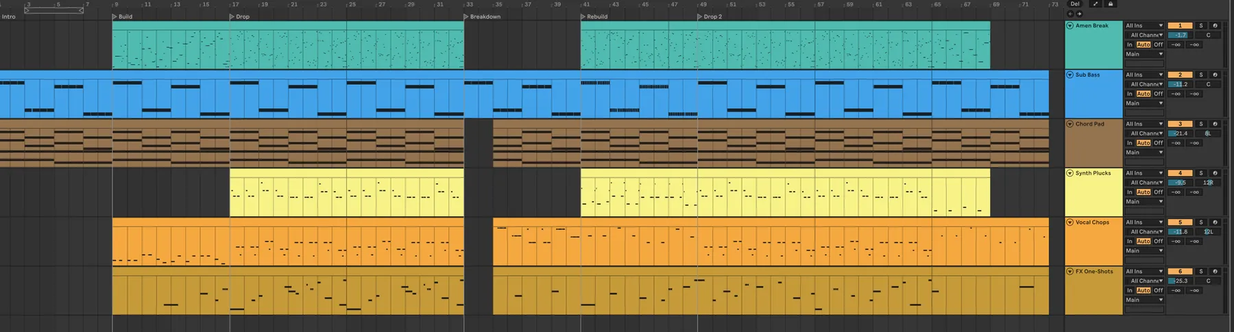 The same Ableton arrangement with locators marking Intro, Build, Drop, Breakdown, Rebuild and Drop 2, and most tracks dropping out through the breakdown before coming back
