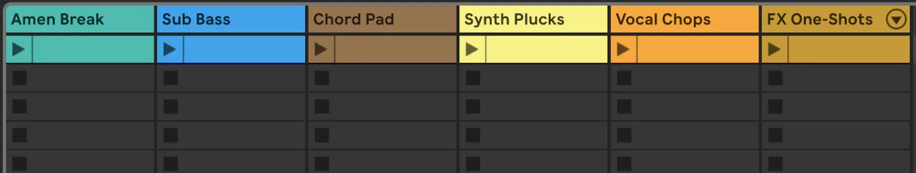 Six Ableton Session view tracks named Amen Break, Sub Bass, Chord Pad, Synth Plucks, Vocal Chops and FX One-Shots, each holding a clip in the first scene