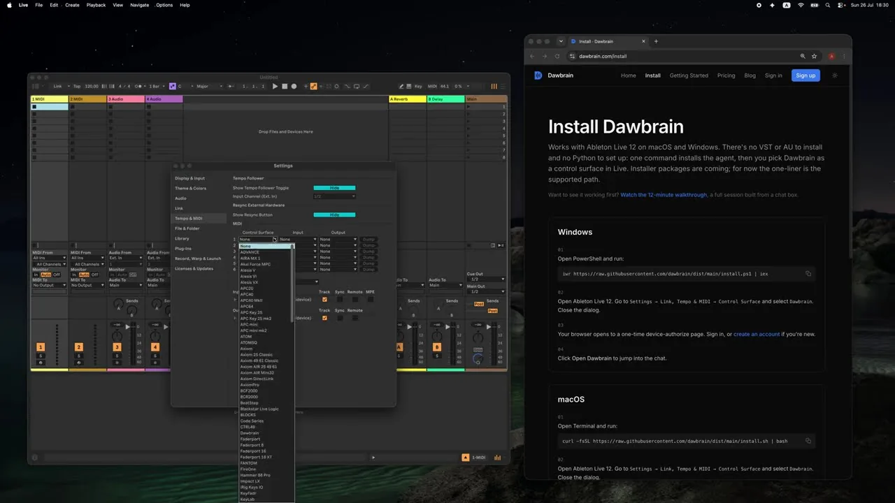 Ableton Live 12 with the Settings window open on Link, Tempo and MIDI and the Control Surface dropdown expanded, beside a browser showing the Dawbrain install page